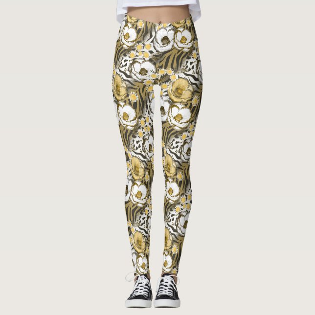 Legging Flores amarelas e brancas sobre fundo de tigre (Frente)