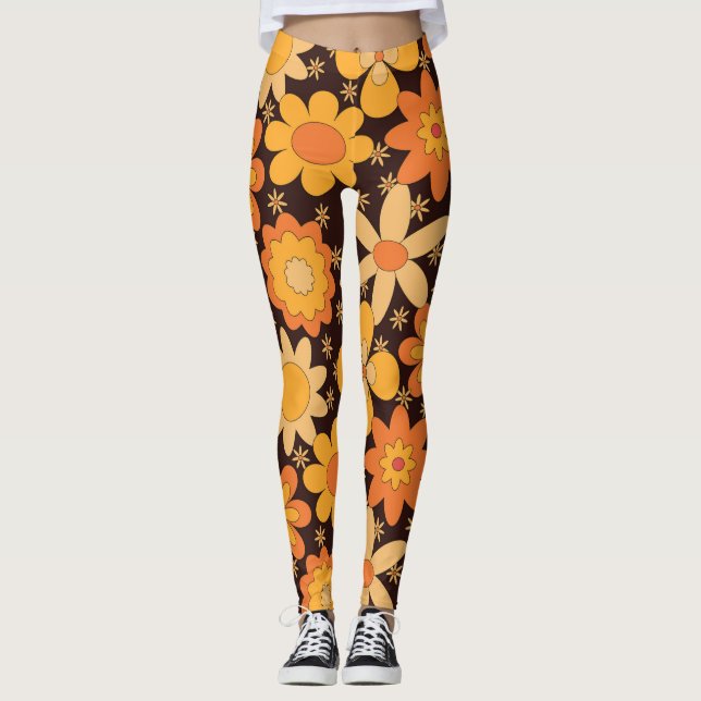 Legging Flores Amarelas e Laranjas Retro Groovy (Frente)