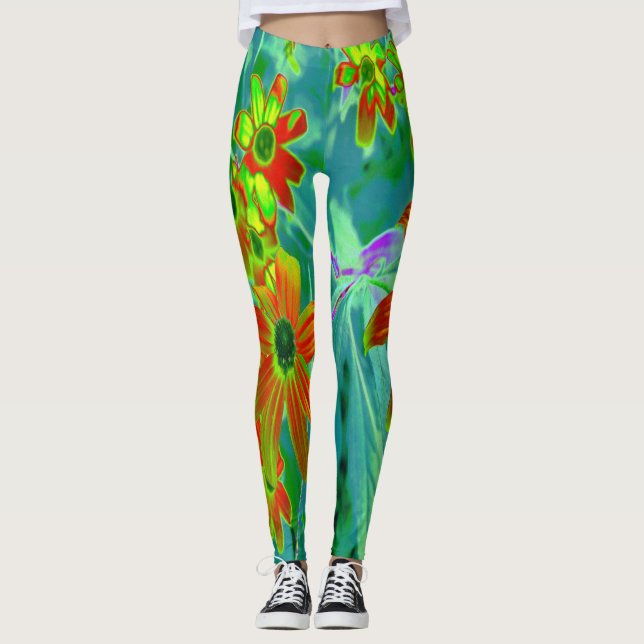 Legging Flores Amarelas e Vermelhas Trippy no Azul Retroat (Frente)