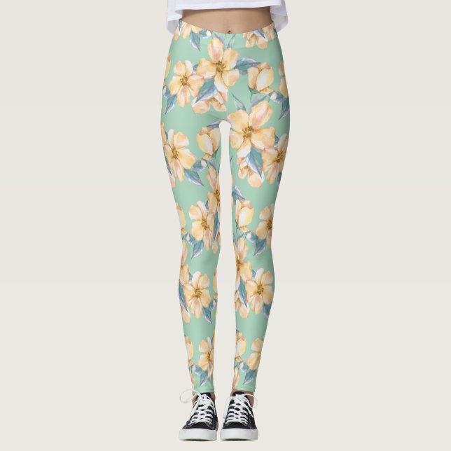 Legging Flores amarelas. Jardim de Aquarela 1 (Frente)