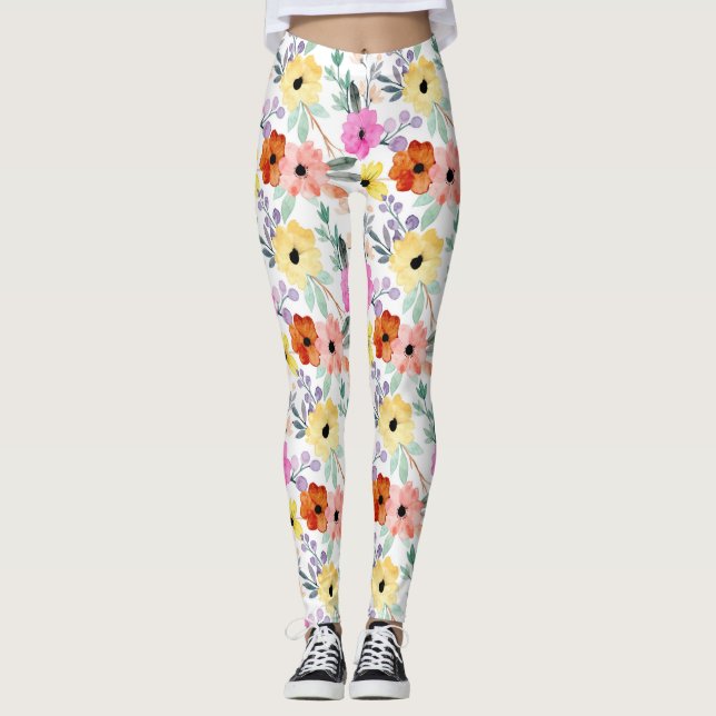 Legging Flores Amarelas, Rosa, Vermelhas, Florais Amarelas (Frente)