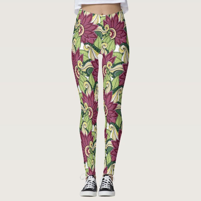 Legging Flores Amarelas Verdes Elegantes Da Borgonha E Gre (Frente)