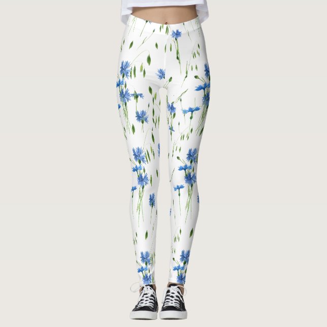 Legging Flores azuis e folhas verdes design (Frente)