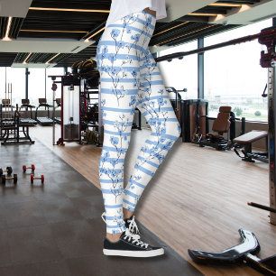 Legging Flores Azuis Elegantes com Desenho Listrado