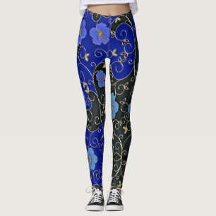 Legging Flores Azuis Elegantes Com Folhas Douradas E Enxer