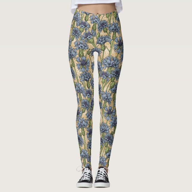 Legging Flores azuis, flores silvestres, amarelo-mel (Frente)