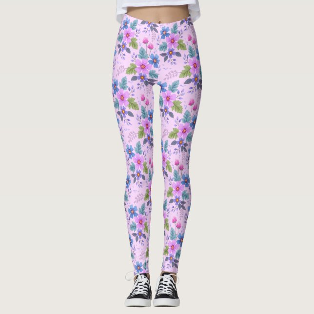 Legging Flores Azuis-Rosa-Flor Violeta Padrão-36841 (Frente)