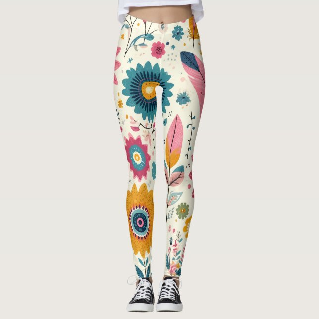 Legging Flores Boêmias Lindas Impressão de Penas (Frente)
