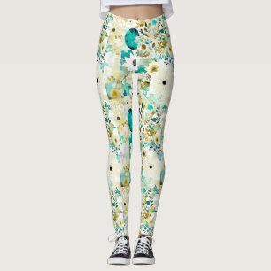 Legging Flores bonito de Arte Folclórica Branca e Turquesa
