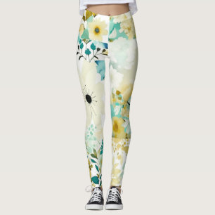 Legging Flores bonito de Arte Folclórica Branca e Turquesa