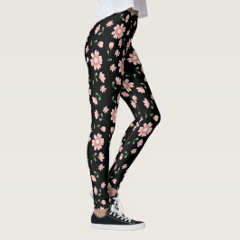Legging Flores bonito Rosa Em Preto