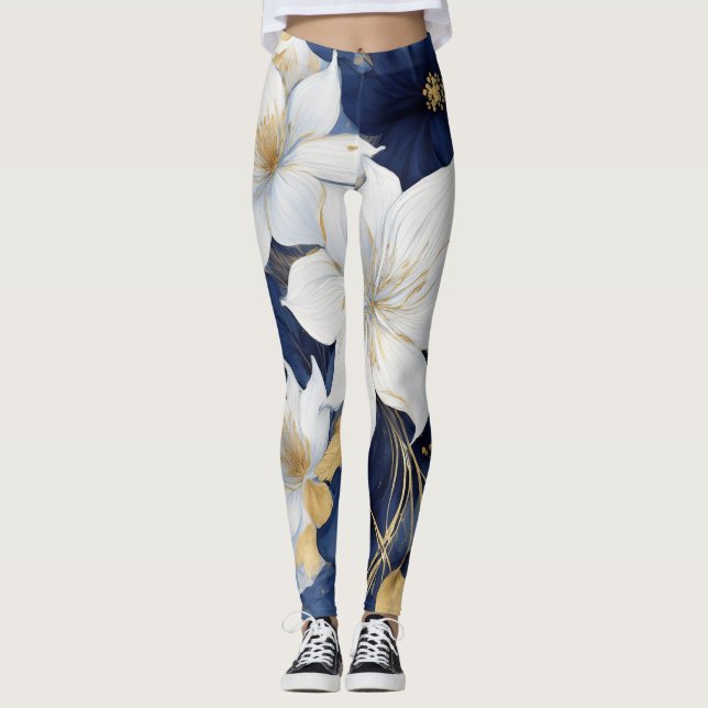 Legging Flores Botânicas Azuis e Brancas (Frente)