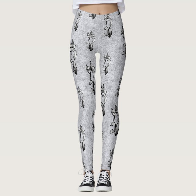 Legging Flores brancas abstrato pretas brilhantes em prata (Frente)