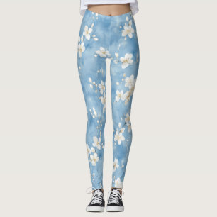 Legging Flores Brancas Bonitas Azul Céu