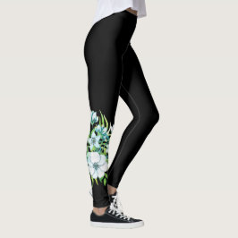 Legging flores brancas corsage folhas naturais preto flora