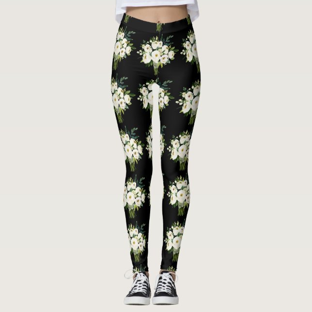 Legging Flores brancas de aquarela Buquê Padrão Preto (Frente)