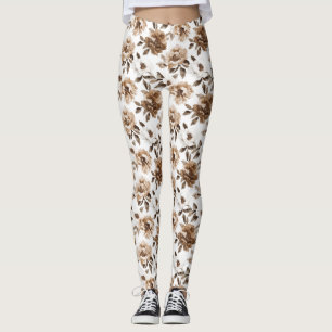 Legging Flores Brancas de Creme Castanho