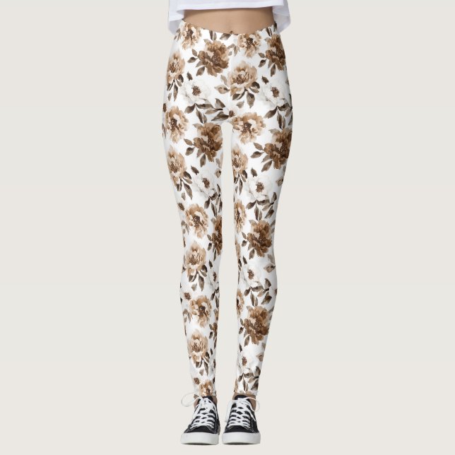 Legging Flores Brancas de Creme Castanho (Frente)