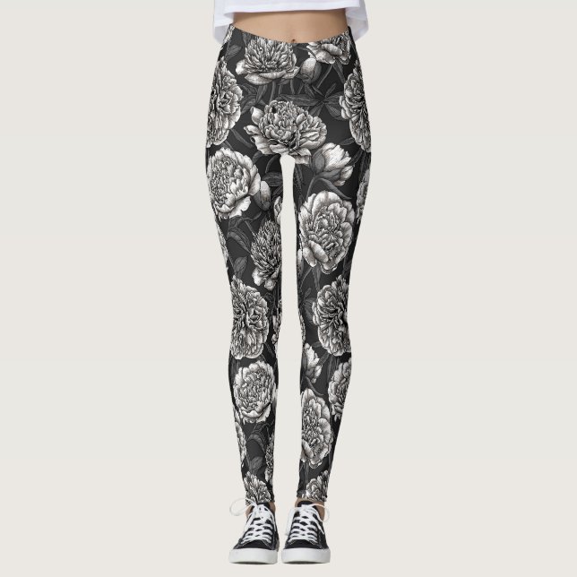 Legging Flores brancas de peônia em cinzas escuras (Frente)