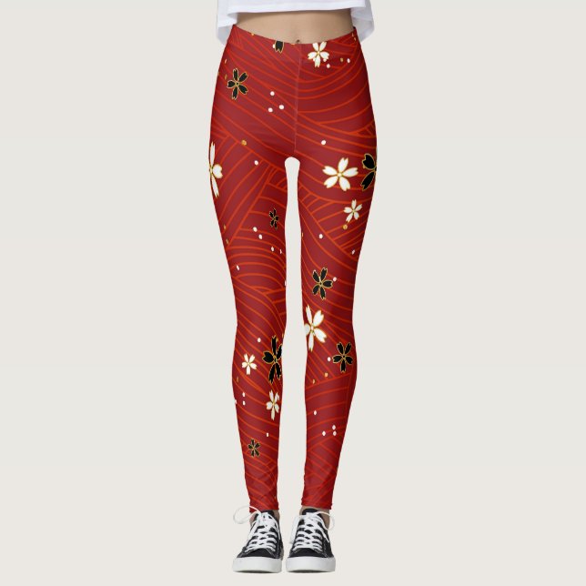 Legging flores brancas e pretas leggens vermelhas (Frente)