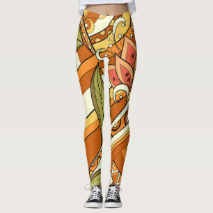 Legging Flores Brancas Elegantes Laranja E Grelha