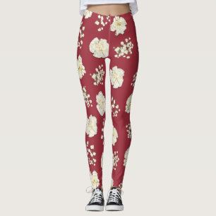 Legging Flores Brancas no Craveiro Vermelho Padrão
