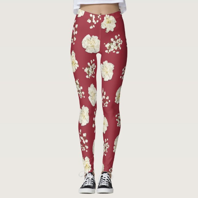 Legging Flores Brancas no Craveiro Vermelho Padrão (Frente)