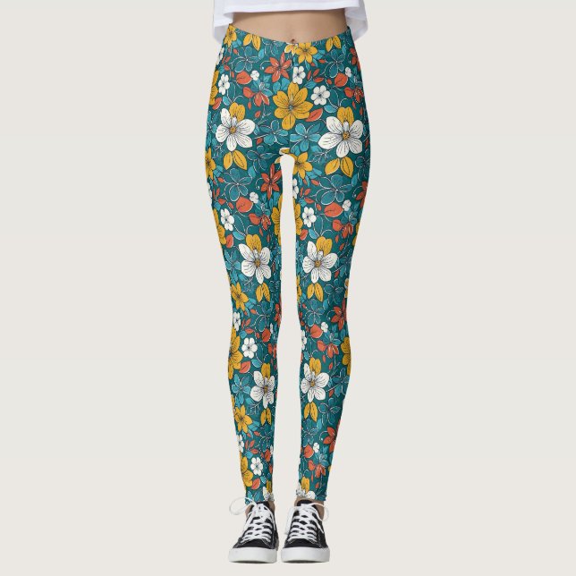 Legging Flores Brilhantes, Fundo Escuro (Frente)