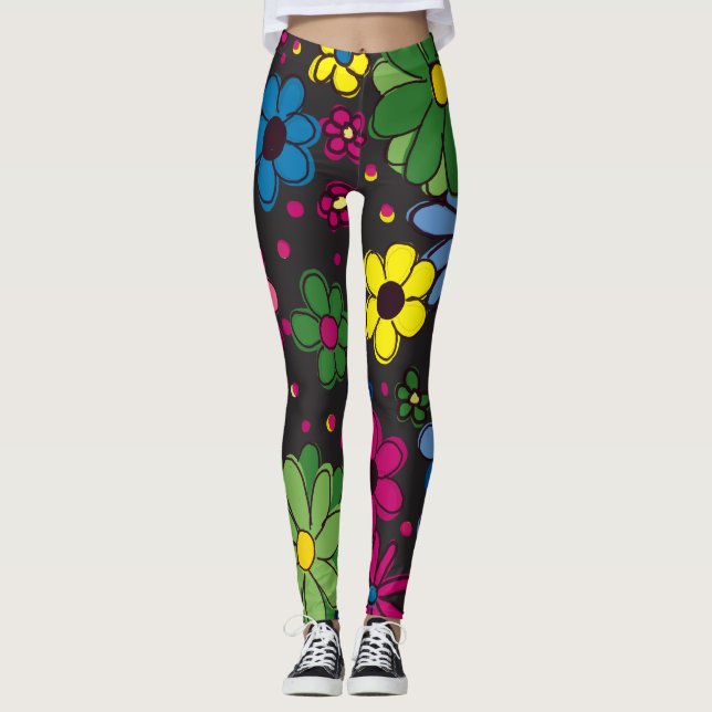 Legging Flores Coloridas Bonitas a Preto (Frente)