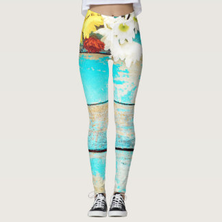 Legging Flores coloridas, borda de madeira vintage.