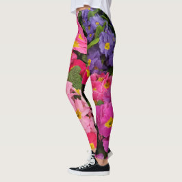 Legging Flores Coloridas De Primula Azul-Roxo Cor-De-Rosa