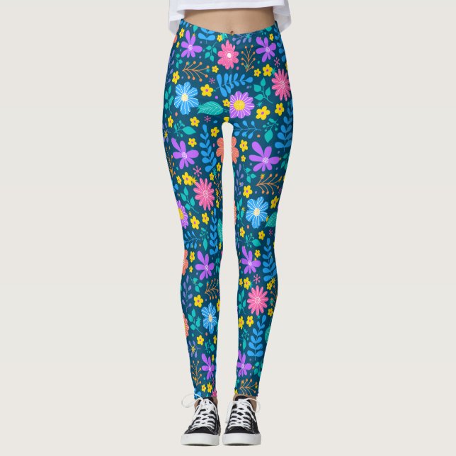 Legging Flores coloridas em padrão de estrelas cintilantes (Frente)