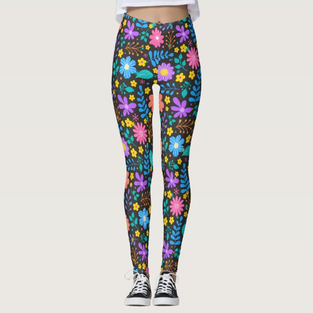 Legging Flores coloridas em padrão de estrelas cintilantes (Frente)