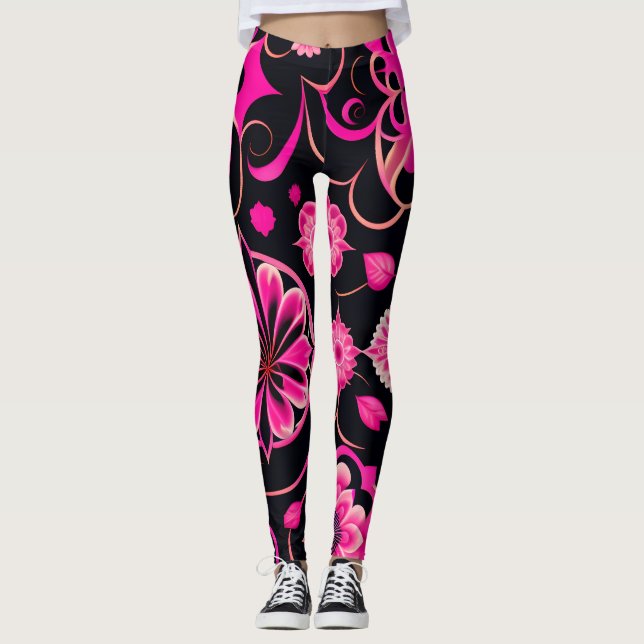 Legging Flores com motivos surreais Padrão Floral Rosa (Frente)