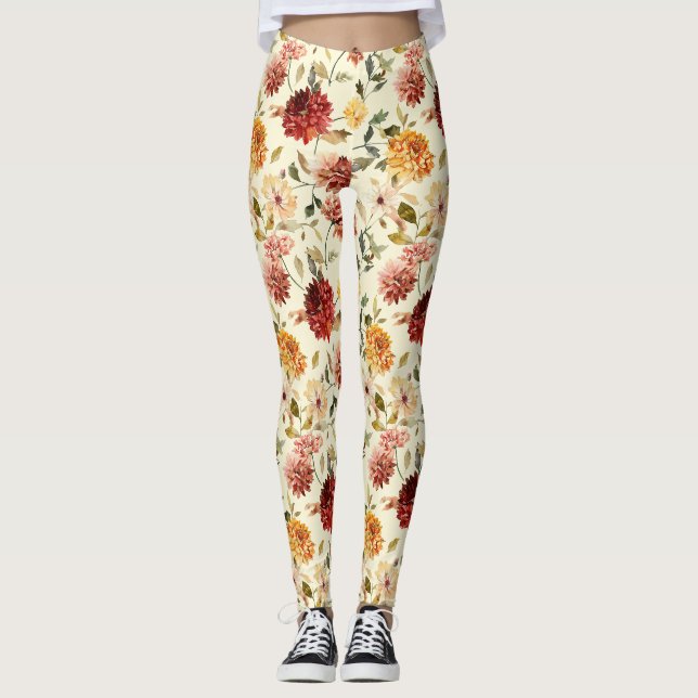 Legging Flores Cor-de-Rosa Amarelas Vermelhas de Outono (Frente)