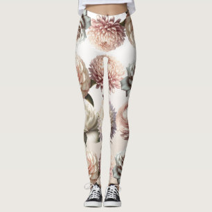 Legging Flores Cor-de-Rosa Pêssego Creme Branco Floral Cas