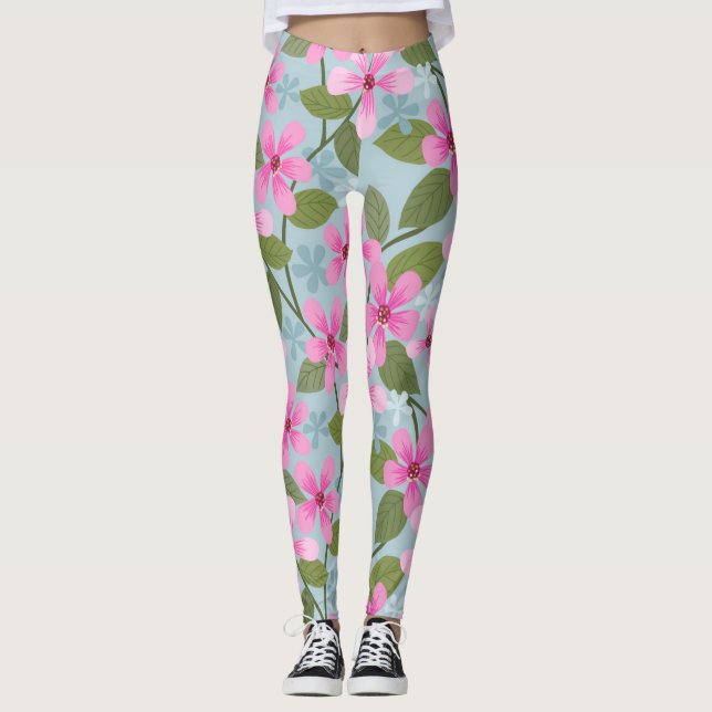 Legging flores cor-de-rosa pintas leggens azuis (Frente)