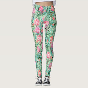 Legging Flores cor-de-rosa, verde-sábio, sem costura.