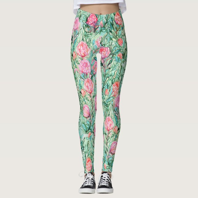 Legging Flores cor-de-rosa, verde-sábio, sem costura. (Frente)