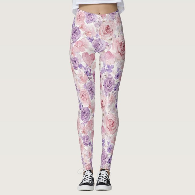 Legging Flores Corações Rosa Roxo Bege  (Frente)