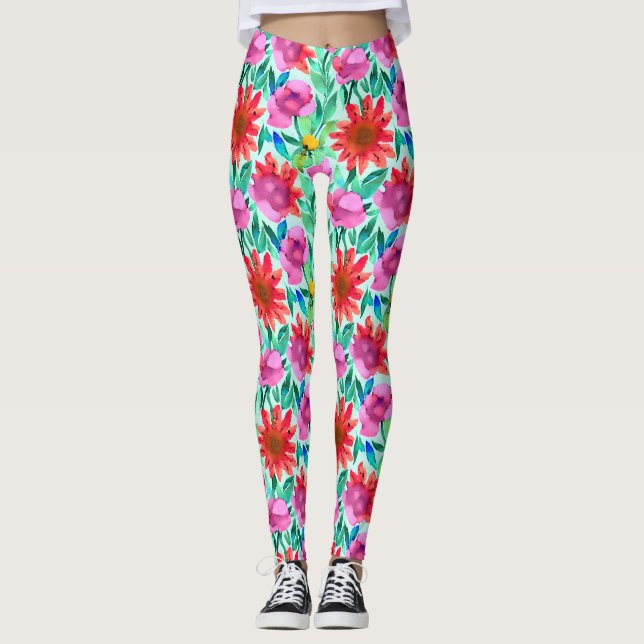 Legging Flores de Aquarela em Teal, Vermelho e Rosa (Frente)