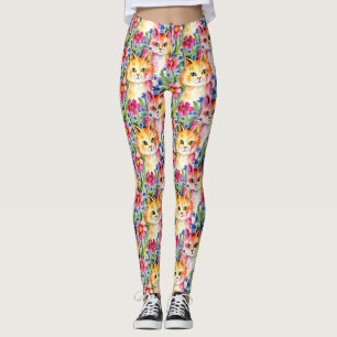 Legging Flores de Aquarela Whimsical e Gatos Coloridos