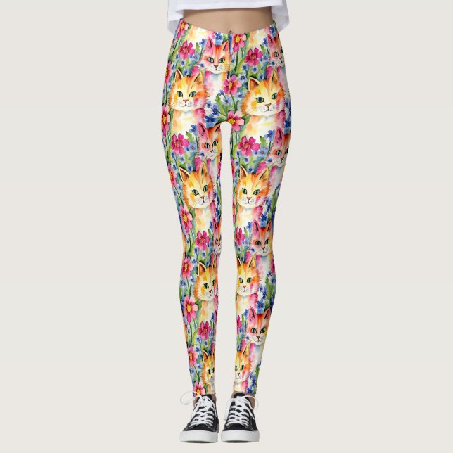 Legging Flores de Aquarela Whimsical e Gatos Coloridos (Frente)