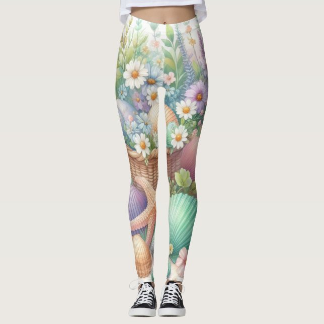 Legging Flores de aquarelas e conchas marinhas na praia (Frente)