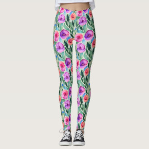 Legging Flores de Aquarelas em Púrpura, Rosa e Verde