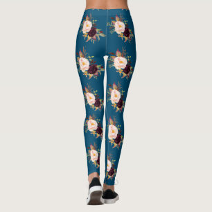 Legging Flores de Blush Borgonha Padrão Azul Oceano