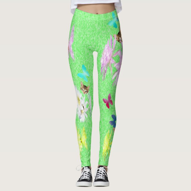 Legging Flores De Borboletas De Gatinhos Verdes, (Frente)