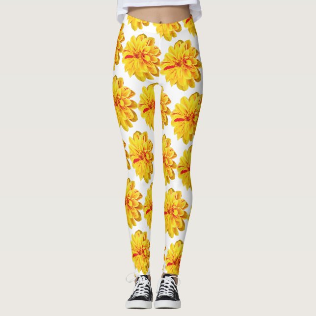 Legging Flores de dália amarelo-giro sobre fundo branco (Frente)