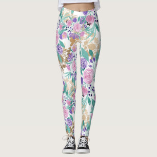 Legging Flores de Dourada Cor de Água Violeta Rosa-Rosa-Ro