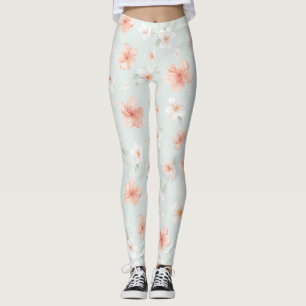 Legging Flores de Hibisco Brancas de Pêssego Tropical